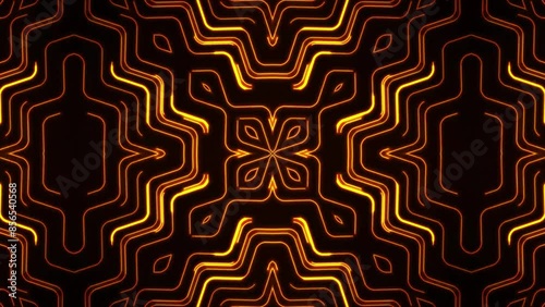 Shimmering golden kaleidoscopic flower motion design background. Intricate geometric VJ loop. Seamlessly looping animation	