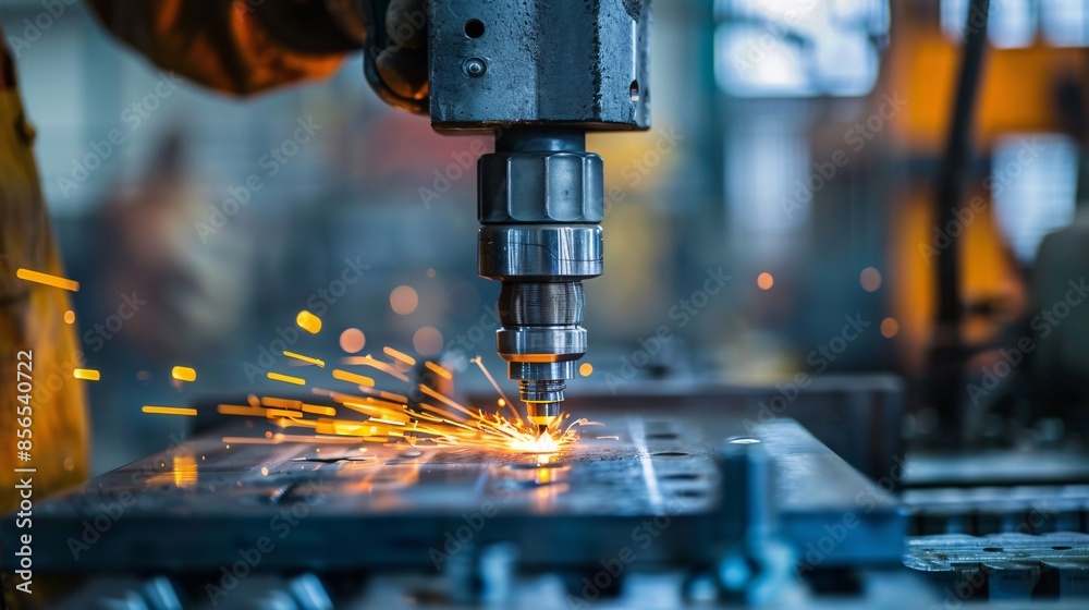 Industrial worker using a drill press on a metal piece Industrial worker using a drill press on a metal piece