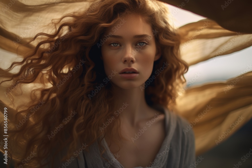 Naklejka premium Ethereal portrait of a woman with flowing golden hair, capturing a moment of wind-blown beauty in a subdued setting.