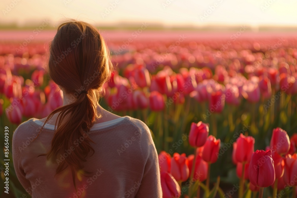 Naklejka premium A young woman gazes at a vibrant tulip field during sunset, the warm light highlighting the flowers and her peaceful expression.