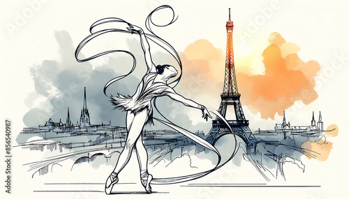 Rhythmic gymnastics. Artistic sketch of a rhythmic gymnast performing with a ribbon in front of Eiffel Tower in Paris. Vector continuous line. Olympic sports. Continuous line drawing photo