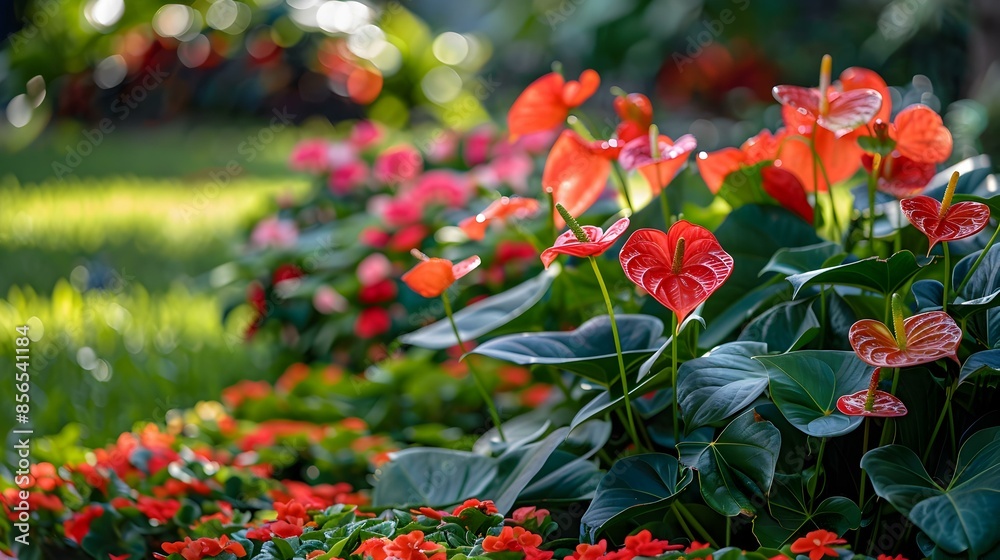 Fototapeta premium Landscape with anthuriums in the yard surrounded img