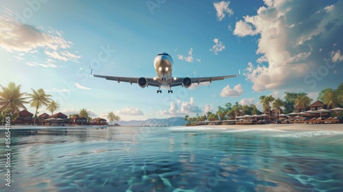 Fototapeta Naklejka Na Ścianę i Meble -  a passenger plane flies low over the sea with a beautiful beach and palm trees on a hot day. sea cruise by plane