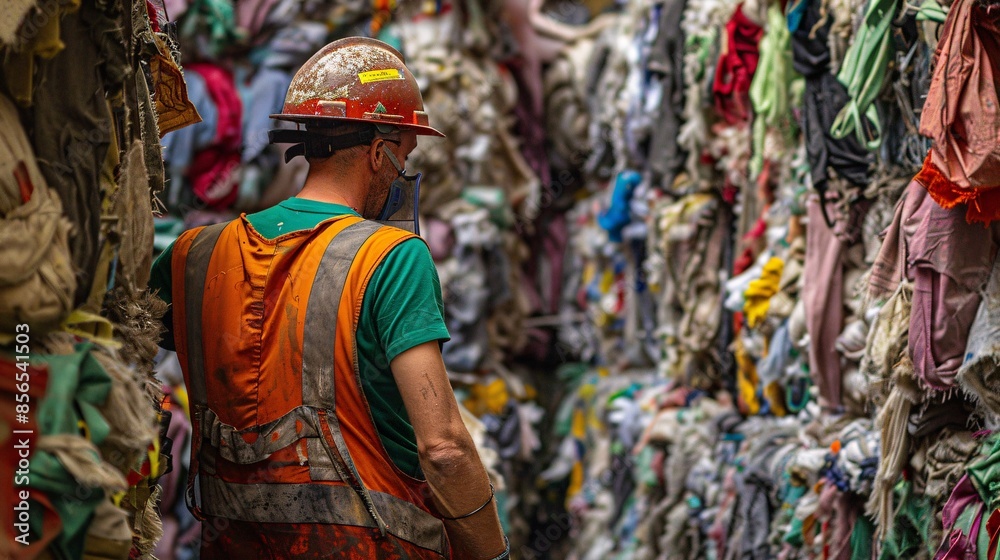 Worker in a textile recycling plant operating balers Worker in a textile recycling plant operating balers