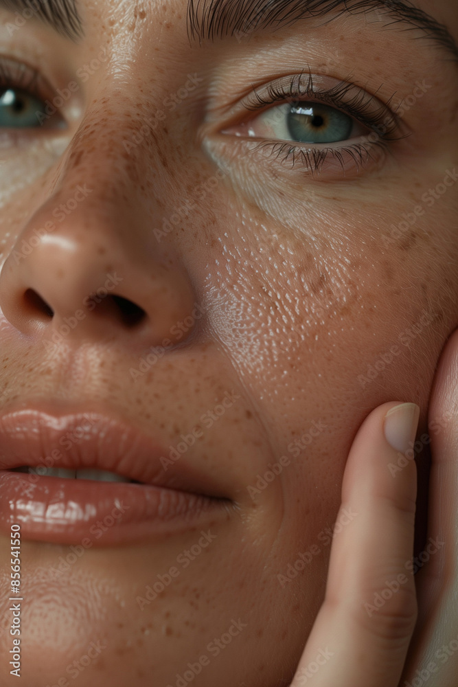 Ultra-Detailed Close-Up Photo of a Middle-Aged Woman, Touching Her Face with Healthy Skin Ultra-Detailed Close-Up Photo of a Middle-Aged Woman, Touching Her Face with Healthy Skin