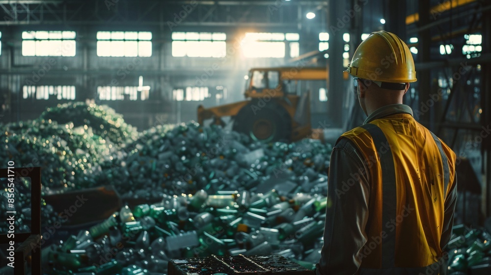 Worker in a glass recycling plant operating machinery Worker in a glass recycling plant operating machinery