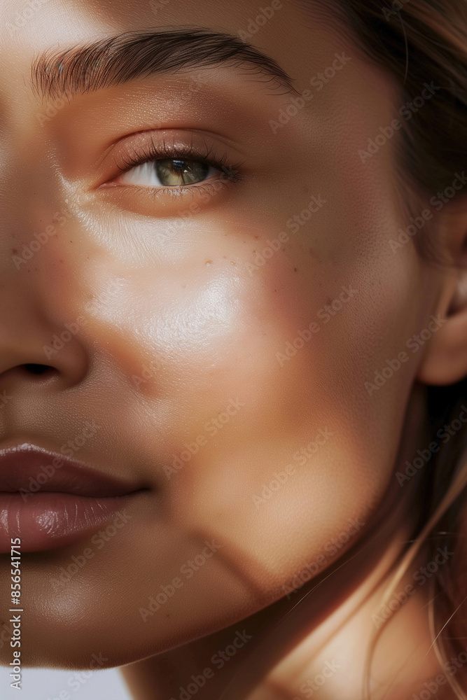 Detailed Close-Up of a Young Woman in Her 30s with Glowing, Healthy Skin, Without Makeup Detailed Close-Up of a Young Woman in Her 30s with Glowing, Healthy Skin, Without Makeup