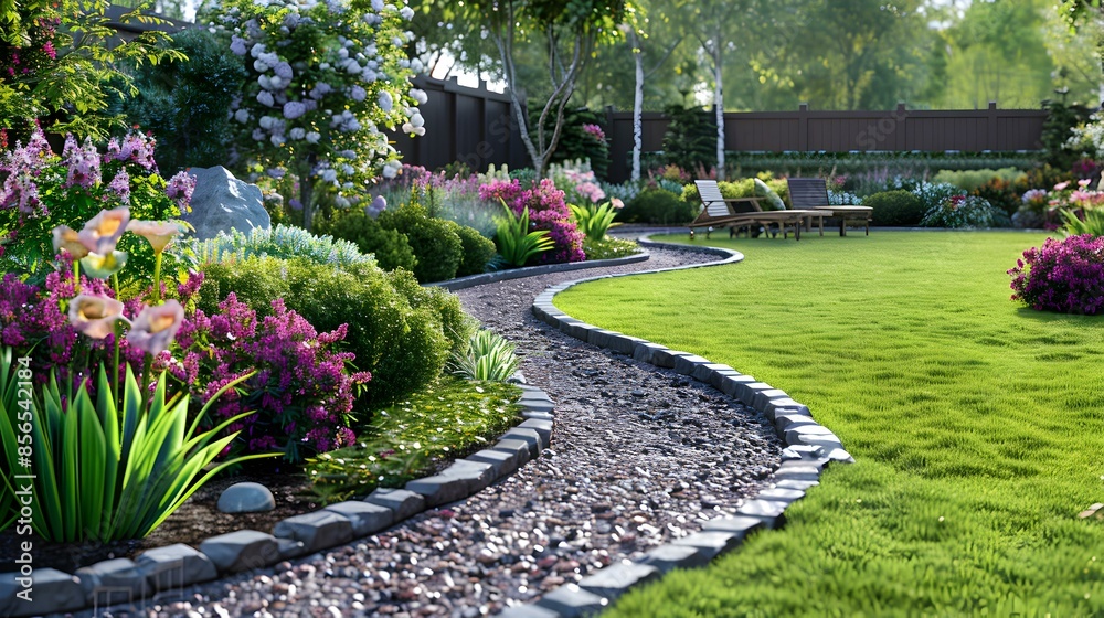 Naklejka premium Landscape design with lush flower beds framed picture