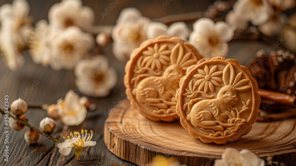 Fototapeta premium Golden Harvest: Mid-Autumn Festival Mooncake Promotion Featuring Rabbit-Designed Biscuits