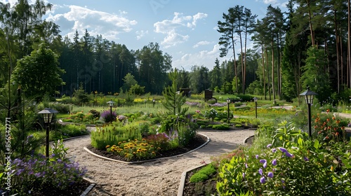 A latvian garden with flowerbeds of colorful img