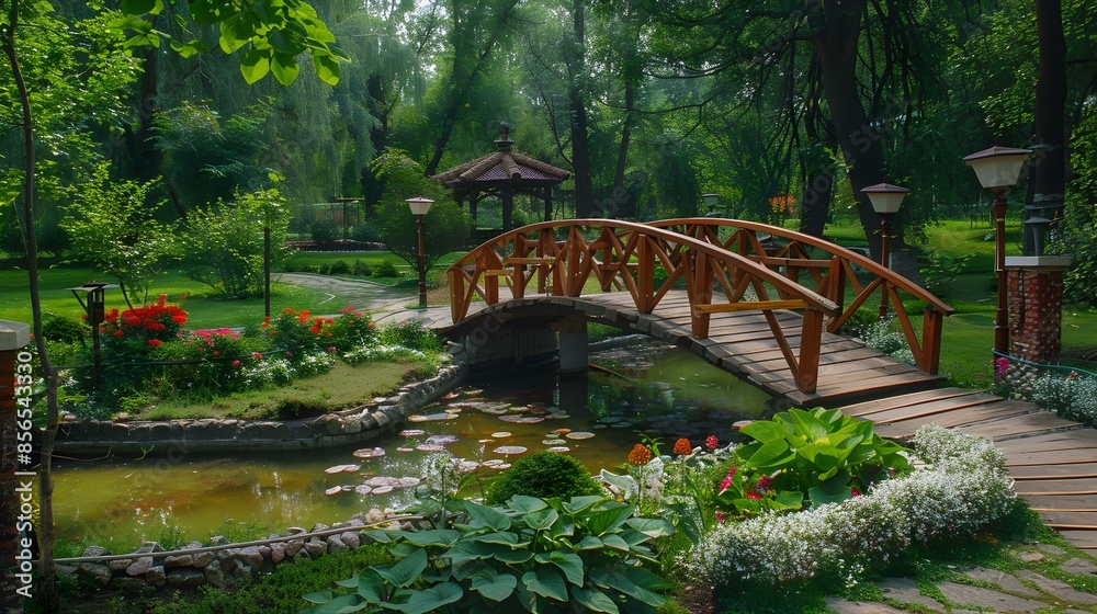 Wooden bridges spanning small ponds Wooden bridges spanning small ponds