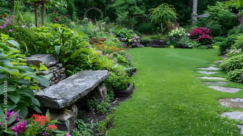 Stone benches surrounded by lush lawns img
