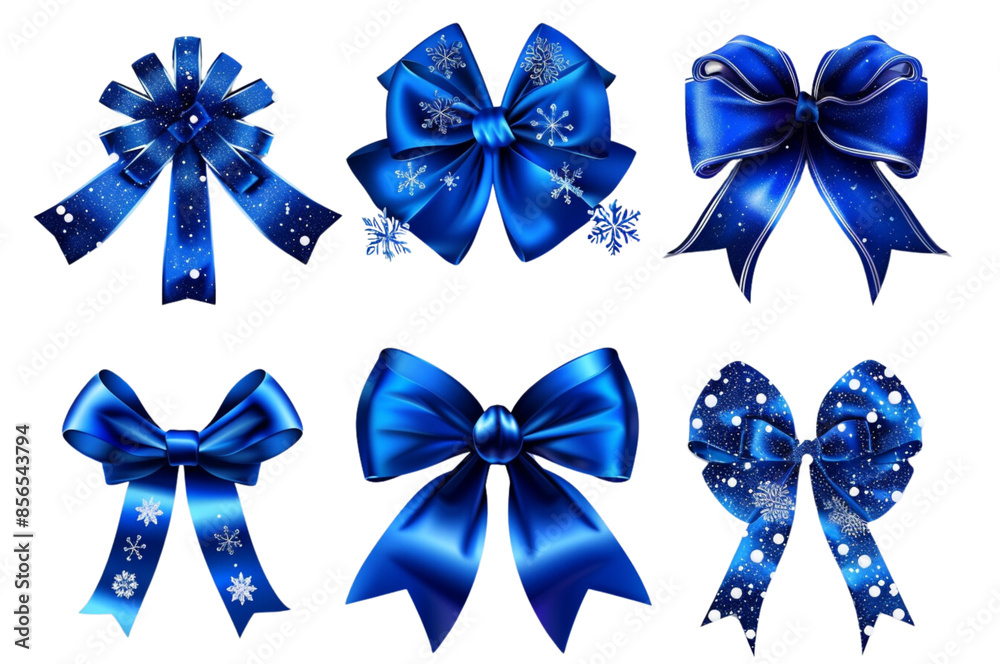 3d vector illustration set of blue bows with snowflakes, white background, different styles, 3d vector illustration set of blue bows with snowflakes, white background, different styles,