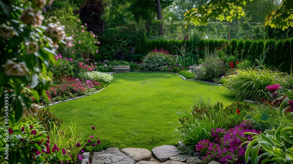 Mixed borders with lush flower beds framed Mixed borders with lush flower beds framed