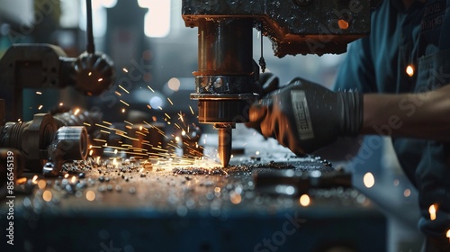 Industrial engineer using a shaping machine on metal parts photo