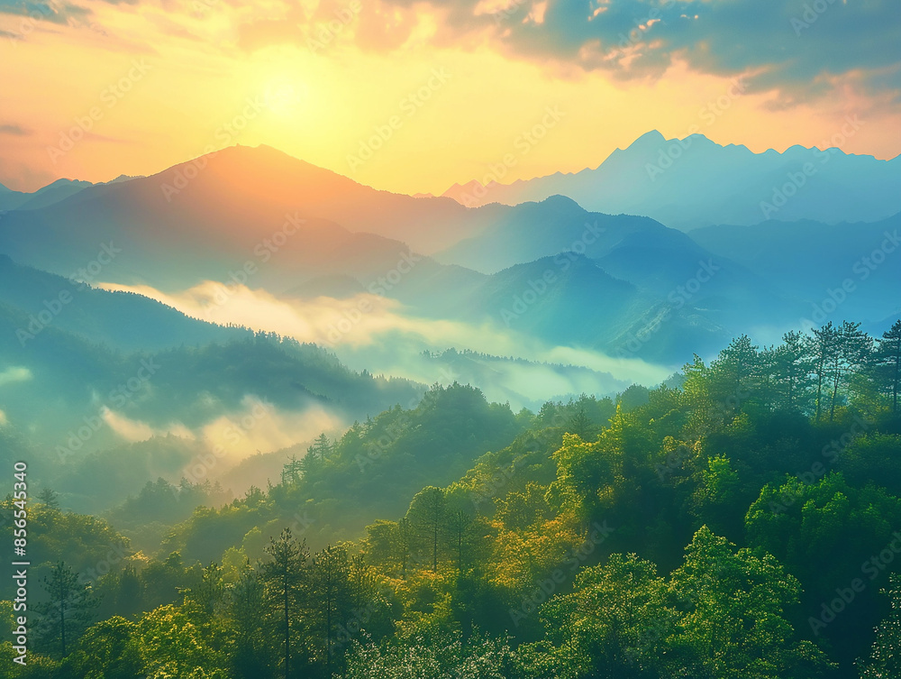 Obraz premium morning sunrise over a misty mountain range and forest.