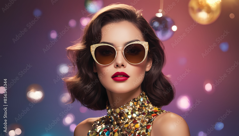 Female wearing shades, necklace with glittery spheres Female wearing shades, necklace with glittery spheres