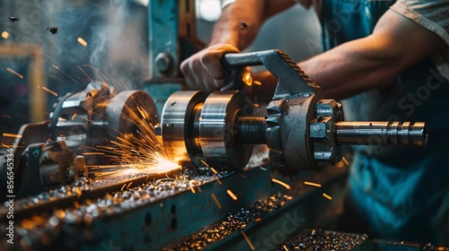 Industrial engineer using a broaching machine on metal parts