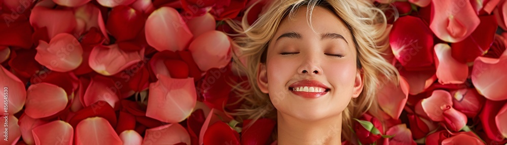 Lying amidst a bed of rose petals, a young blonde Asian woman is captured with her mouth open and eyes closed in a moment of joyful serenity. The image's clean composition provides extensive copy Lying amidst a bed of rose petals, a young blonde Asian woman is captured with her mouth open and eyes closed in a moment of joyful serenity. The image's clean composition provides extensive copy