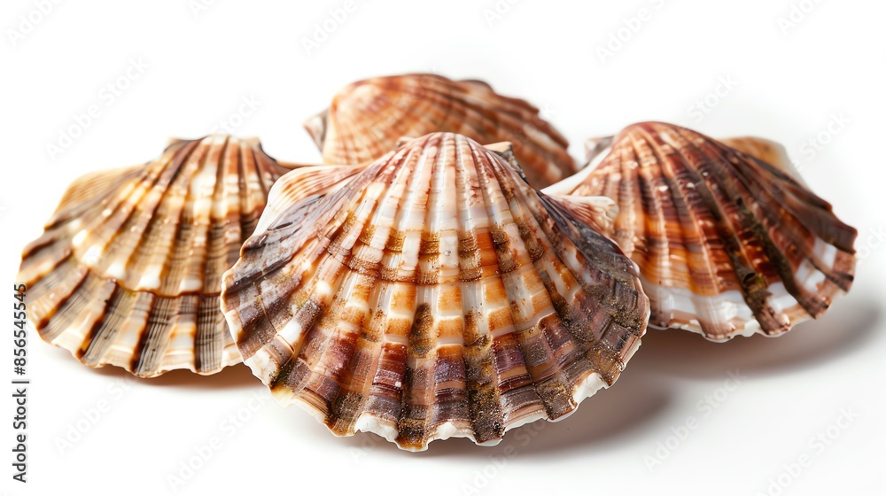 Detailed shot of three scallops in shells Detailed shot of three scallops in shells