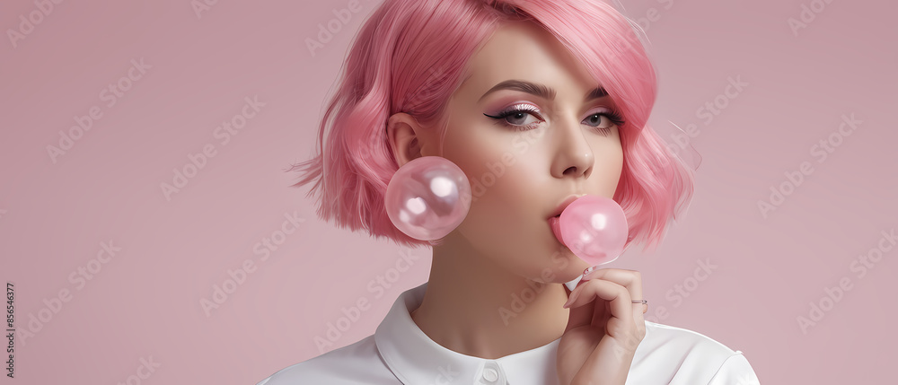 Fototapeta premium Pink-haired woman blowing pink bubble