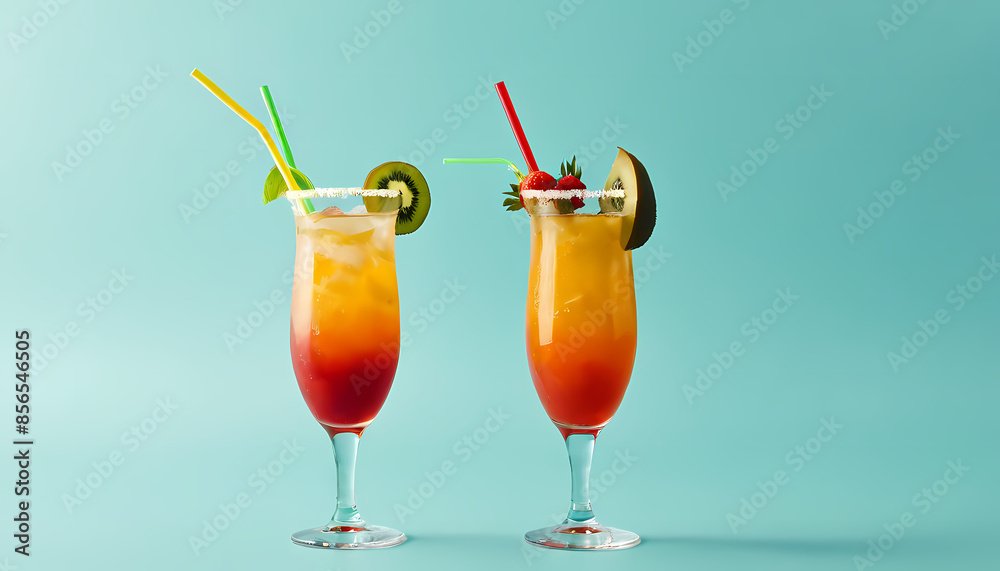Two beverages with strawberries and lime on blue background Two beverages with strawberries and lime on blue background