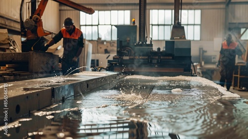 Workers using a CNC waterjet cutting machine in a workshop photo