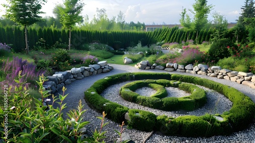 Rock gardens with labyrinths surrounded by green image photo