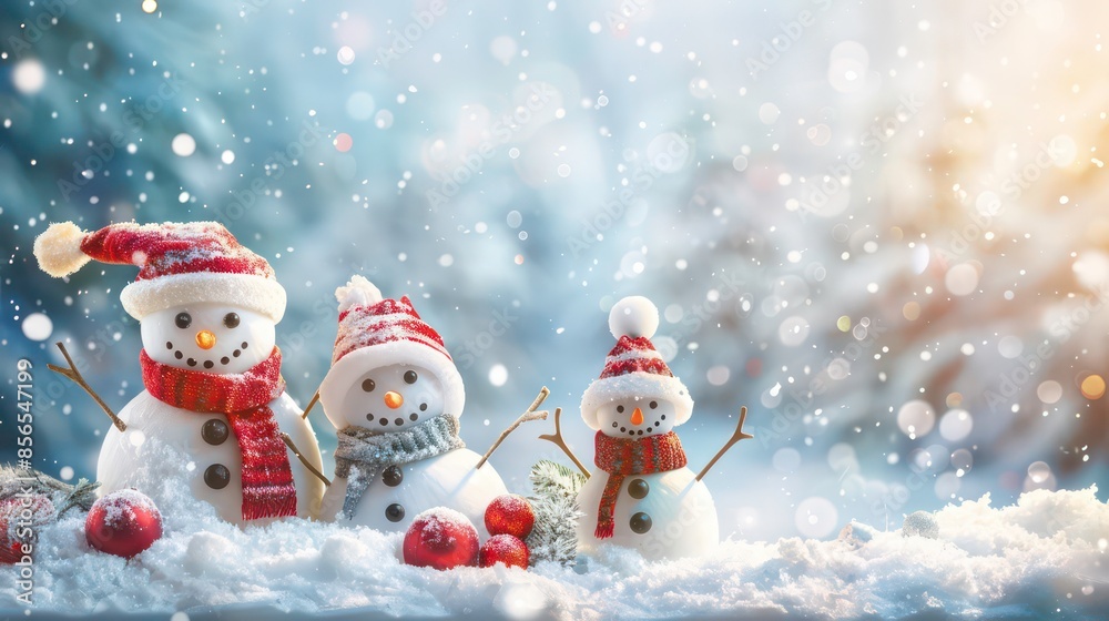 Christmas winter background with snowman in snow and blurred bokeh background.Merry Christmas and happy new year greeting card with copy space. Christmas winter background with snowman in snow and blurred bokeh background.Merry Christmas and happy new year greeting card with copy space.
