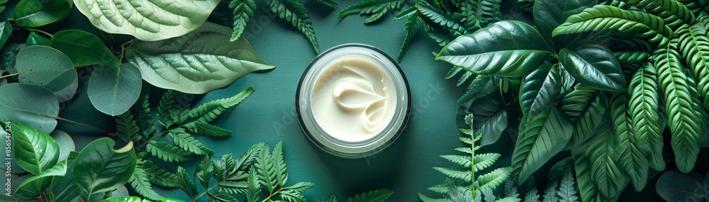 In a vibrant garden setting, a jar of cosmetic moisturizer cream is nestled among flourishing green plants, highlighting its natural ingredients. The ample copy space around the product is ideal for In a vibrant garden setting, a jar of cosmetic moisturizer cream is nestled among flourishing green plants, highlighting its natural ingredients. The ample copy space around the product is ideal for