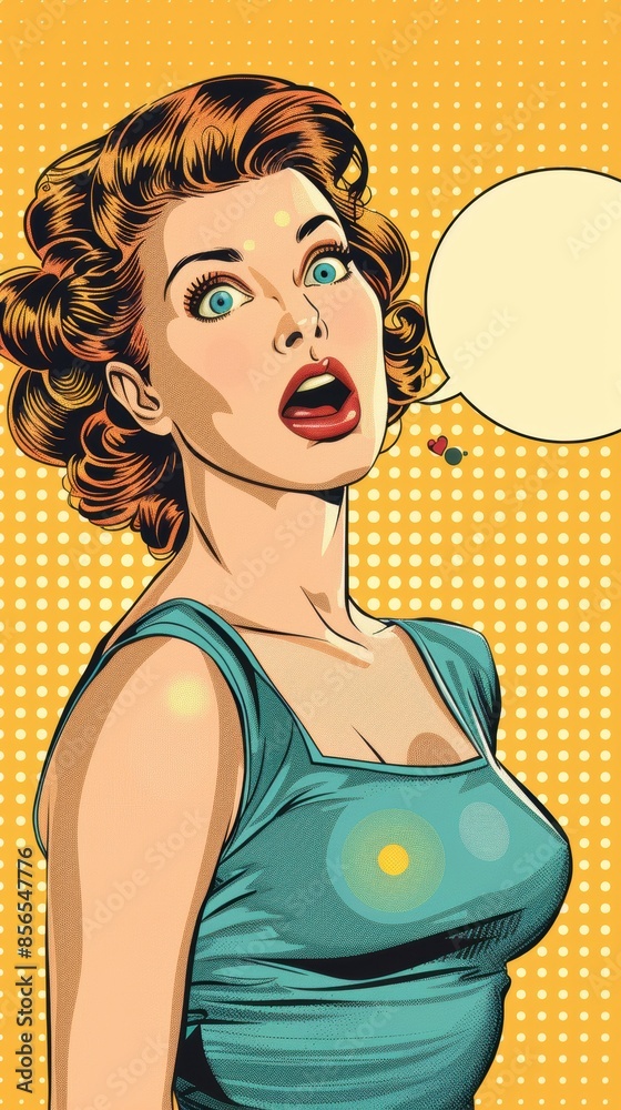 Fototapeta premium Pop art surprised woman with a blank speech bubble, set against a dotted yellow background, suitable for vintage and retro designs