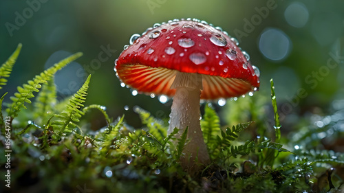 A close-up of a red mushroom with water droplets on its cap surrounded by green moss. Made By AI
