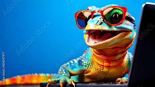 the smiling colorful lizard where sunglass in light blue background working laptop photo