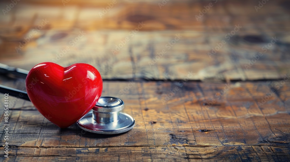 Fototapeta premium Red heart and stethoscope on wooden table space for text healthcare concept