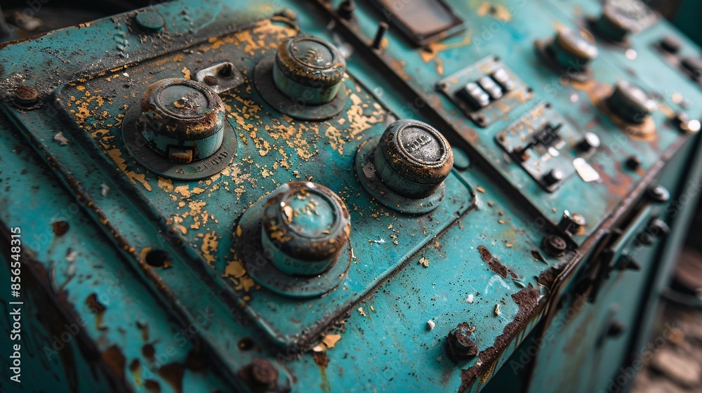 Old factory control panel with broken and faded switches Old factory control panel with broken and faded switches