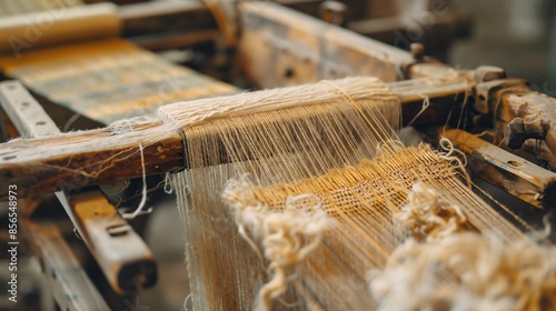 Antique weaving loom with frayed and worn-out threads photo