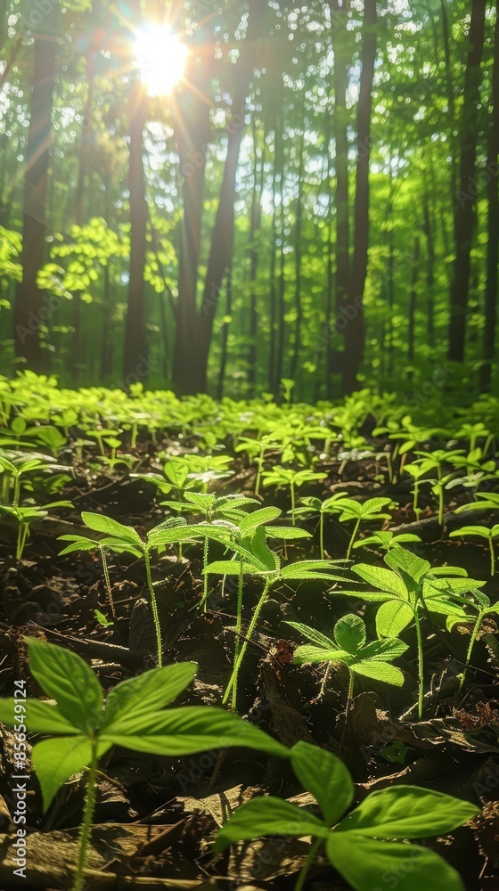 A forest floor with various plants and saplings growing in dappled sunlight, highlighting ecosystem diversity A forest floor with various plants and saplings growing in dappled sunlight, highlighting ecosystem diversity