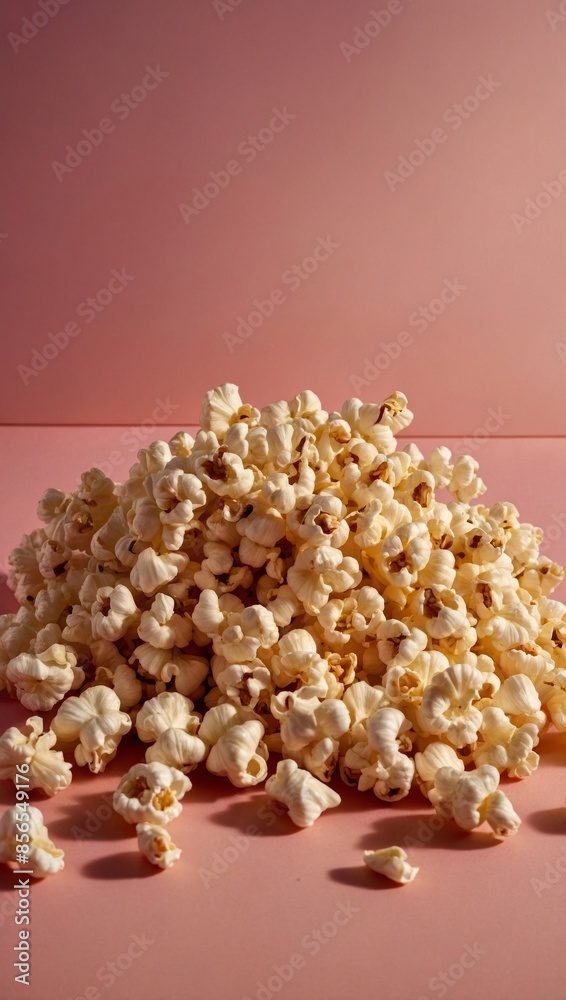 A close-up flat lay of freshly popped popcorn kernels against a pink backdrop bathed in warm, golden hour light