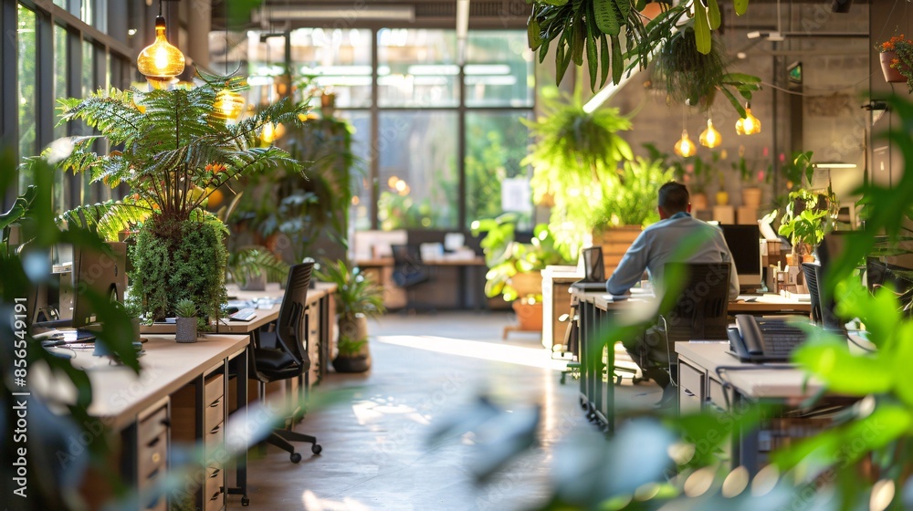 Naklejka premium Amidst a green and sustainable office setting, employees navigate their day in a space designed with nature-friendly principles. The workspace, with its lush plants and eco-conscious design,