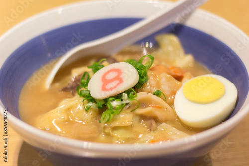 Ramen soup with boiled egg on the table