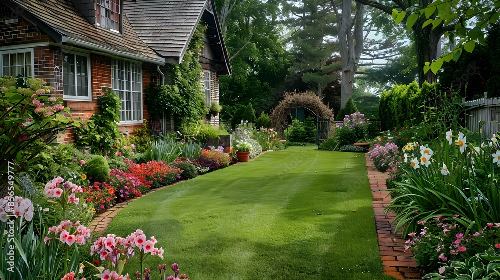 Naklejka premium Trimmed lawns and flower beds with petunias image