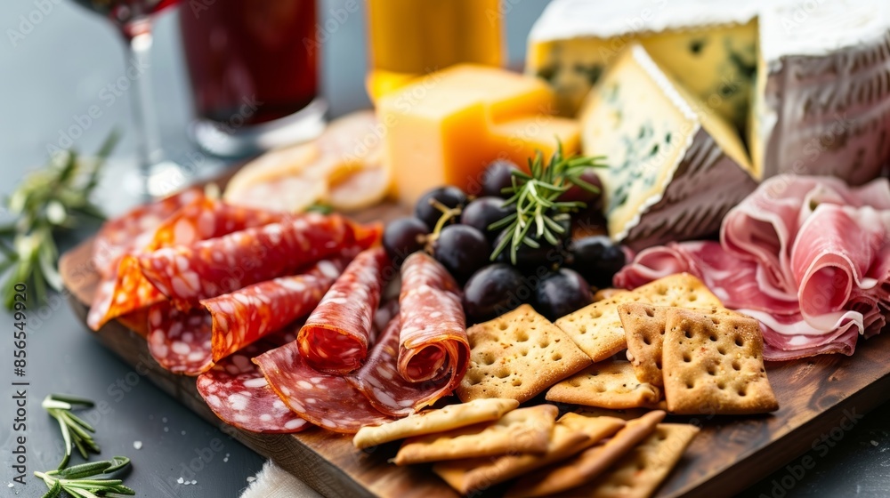 A photo of a mouthwatering charerie board with crackers artisanal cheese and cured meats perfect for snacking on the sandy shores. A photo of a mouthwatering charerie board with crackers artisanal cheese and cured meats perfect for snacking on the sandy shores.
