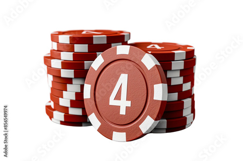 3d casino chips, red and white color on the top of each chip is written 