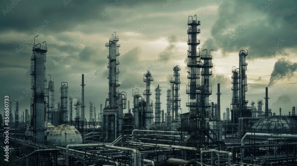Industrial Oil Refinery with Black Storage Tanks and Piping Systems under Overcast Sky - Symbolizing Massive Scale of Operations Industrial Oil Refinery with Black Storage Tanks and Piping Systems under Overcast Sky - Symbolizing Massive Scale of Operations