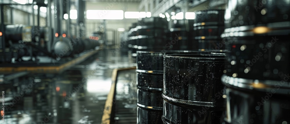 Fototapeta premium Industrial Grit: Close-up of Stacked Black Oil Barrels in Factory with Machinery Background