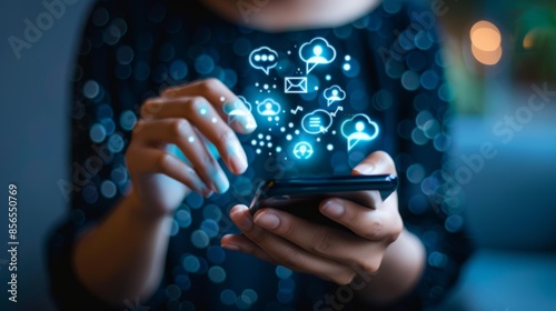 Woman Using Smartphone with Social Media Icons, woman, smartphone, social, media