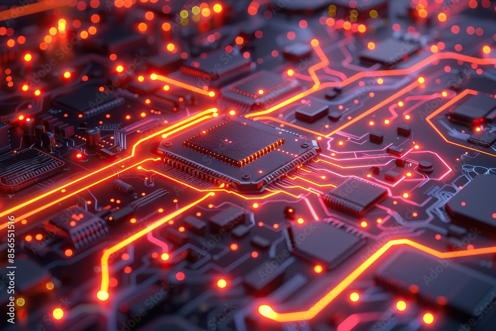 Glowing Circuit Board with a CPU in the Center Glowing Circuit Board with a CPU in the Center