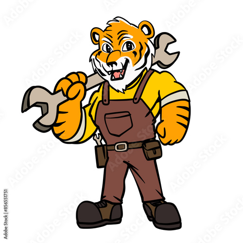 Tiger Plumber Mechanic Holding a Large Wrench Mascot Cartoon Vecttor