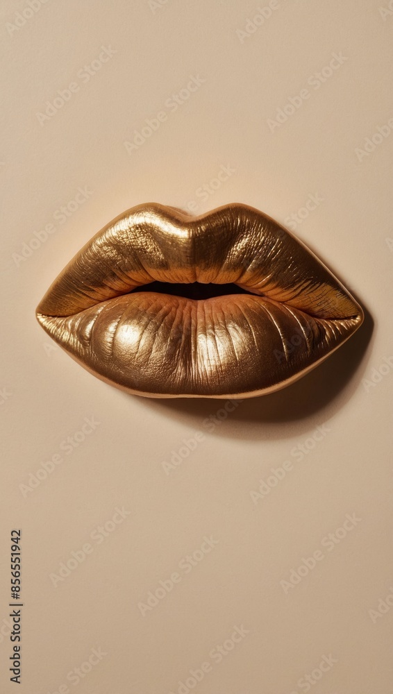 A close-up flat lay image of gold-painted lips against a beige background, captured during golden hour A close-up flat lay image of gold-painted lips against a beige background, captured during golden hour