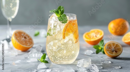 Refreshing Citrus and Sparkling Wine Cocktail with Ice and Mint on Gray Background
